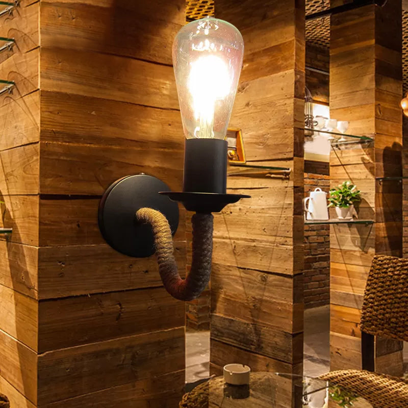 Rope wrapping Arm Wall lamp Rustic 1 head Bathroom wall-mounted lamp with Open bulb design in Black