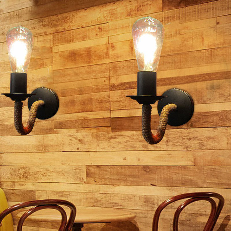 Rope wrapping Arm Wall lamp Rustic 1 head Bathroom wall-mounted lamp with Open bulb design in Black