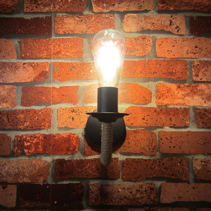 Rope wrapping Arm Wall lamp Rustic 1 head Bathroom wall-mounted lamp with Open bulb design in Black