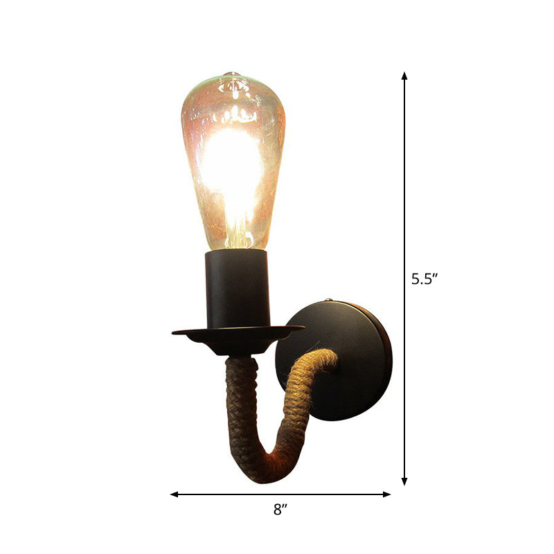 Rope wrapping Arm Wall lamp Rustic 1 head Bathroom wall-mounted lamp with Open bulb design in Black