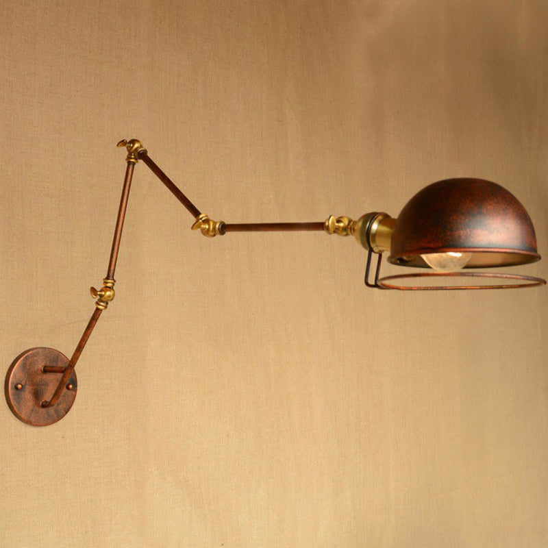 Iron Rust Wall Reading Lamp Semi-Spherical 1-Light Farmhouse Wall Mounted Lighting with Rotatable Arm and Wire Guard