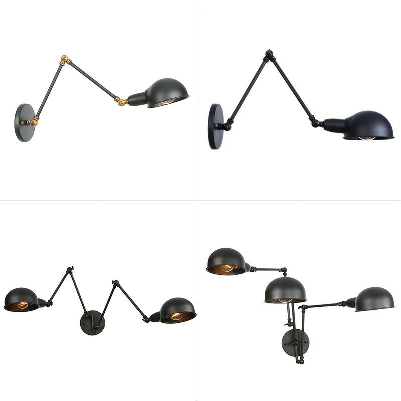 Industrial Dome-Shaped Wall Lamp Kit Single Bulb Iron Wall Mount Lighting Fixture with Swing Arm in Black, 6"+6"/12"+6" W