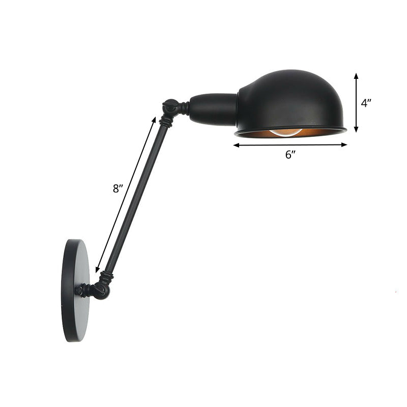 Industrial Dome-Shaped Wall Lamp Kit Single Bulb Iron Wall Mount Lighting Fixture with Swing Arm in Black, 6"+6"/12"+6" W