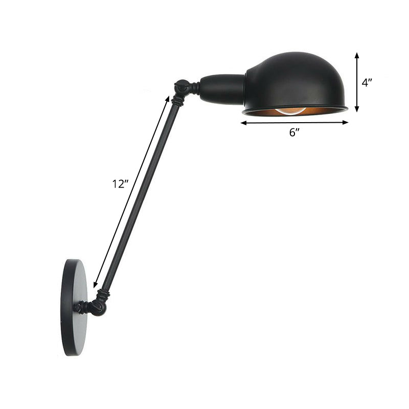 Industrial Dome-Shaped Wall Lamp Kit Single Bulb Iron Wall Mount Lighting Fixture with Swing Arm in Black, 6"+6"/12"+6" W