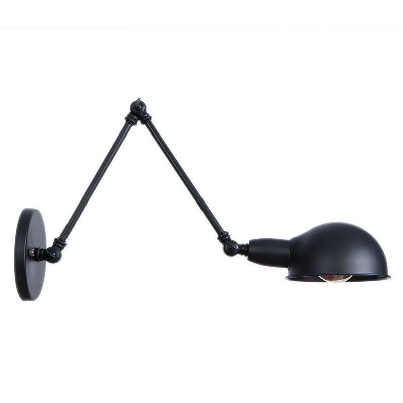 Industrial Dome-Shaped Wall Lamp Kit Single Bulb Iron Wall Mount Lighting Fixture with Swing Arm in Black, 6"+6"/12"+6" W