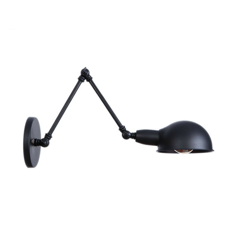 Industrial Dome-Shaped Wall Lamp Kit Single Bulb Iron Wall Mount Lighting Fixture with Swing Arm in Black, 6"+6"/12"+6" W