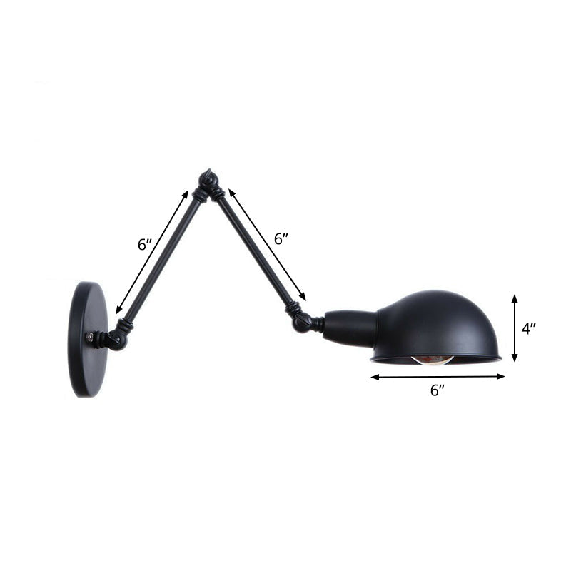 Industrial Dome-Shaped Wall Lamp Kit Single Bulb Iron Wall Mount Lighting Fixture with Swing Arm in Black, 6"+6"/12"+6" W
