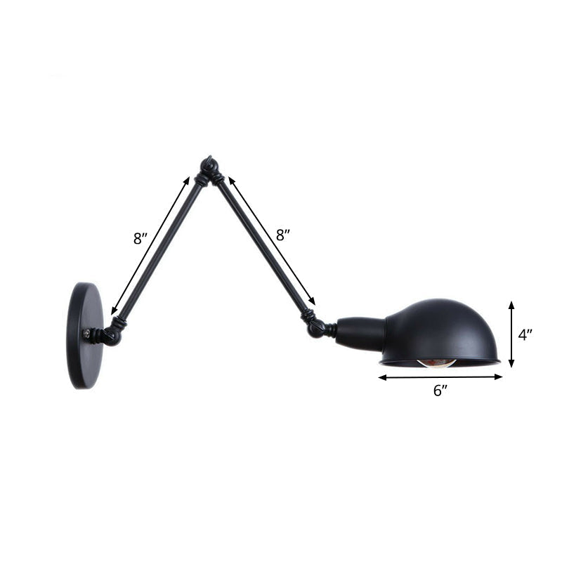 Industrial Dome-Shaped Wall Lamp Kit Single Bulb Iron Wall Mount Lighting Fixture with Swing Arm in Black, 6"+6"/12"+6" W