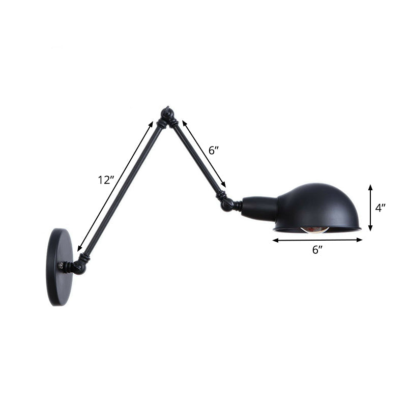 Industrial Dome-Shaped Wall Lamp Kit Single Bulb Iron Wall Mount Lighting Fixture with Swing Arm in Black, 6"+6"/12"+6" W