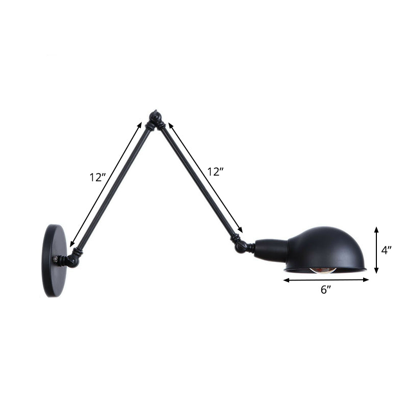 Industrial Dome-Shaped Wall Lamp Kit Single Bulb Iron Wall Mount Lighting Fixture with Swing Arm in Black, 6"+6"/12"+6" W