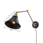 Iron Black Finish Reading Wall Lamp Roll-Edge Conical Single Industrial Plug/Plug-less Wall Lighting with Swingarm