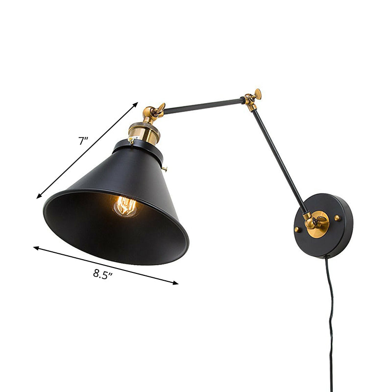 Iron Black Finish Reading Wall Lamp Roll-Edge Conical Single Industrial Plug/Plug-less Wall Lighting with Swingarm