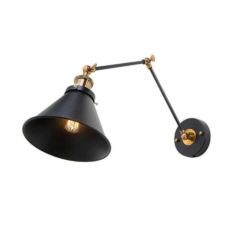 Iron Black Finish Reading Wall Lamp Roll-Edge Conical Single Industrial Plug/Plug-less Wall Lighting with Swingarm