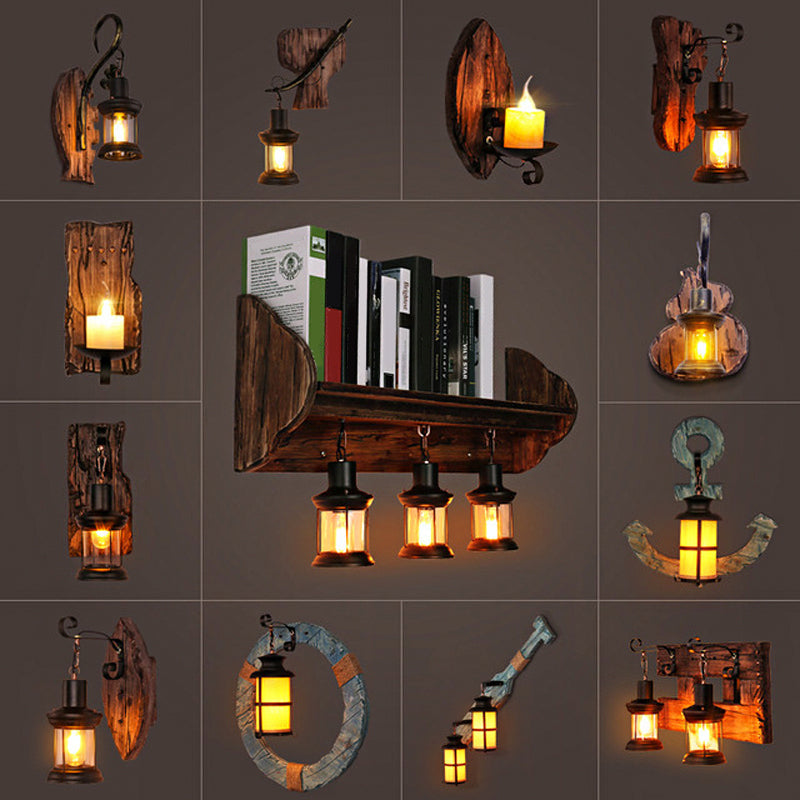 Oval/Fish-shaped Wooden Wall Sconce Light Rustic 1 Head Kitchen Wall-mounted Lamp with Candle/Lantern in Brown