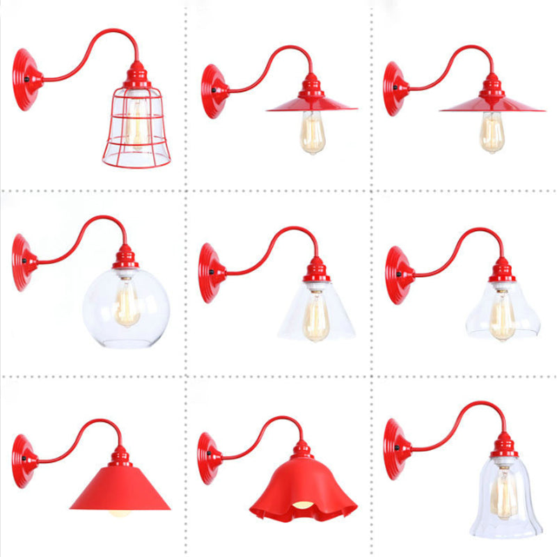 Iron Red Wall Lighting Kit Gooseneck 1 Bulb Loft Style Wall Lighting with Cone/Sphere/Bell Clear Glass Shade