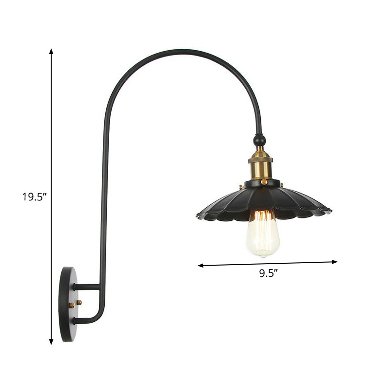 Iron Barn/Bowl/Wave Cut Wall Light Kit Vintage 1 Bulb Nightstand Reading Wall Lamp with Curved Arm in Black