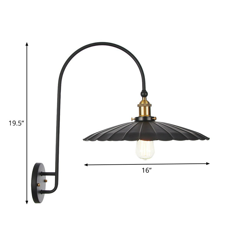 Iron Barn/Bowl/Wave Cut Wall Light Kit Vintage 1 Bulb Nightstand Reading Wall Lamp with Curved Arm in Black