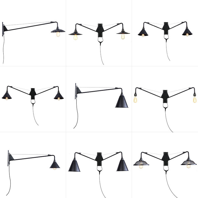 Industrial Scalloped/Exposed Wall Lamp 1/2-Light Iron Plug-in Wall Mounted Lighting with Long Swing Arm in Black
