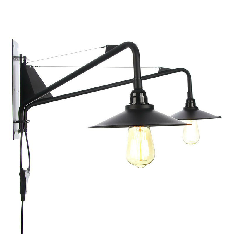 Industrial Scalloped/Exposed Wall Lamp 1/2-Light Iron Plug-in Wall Mounted Lighting with Long Swing Arm in Black