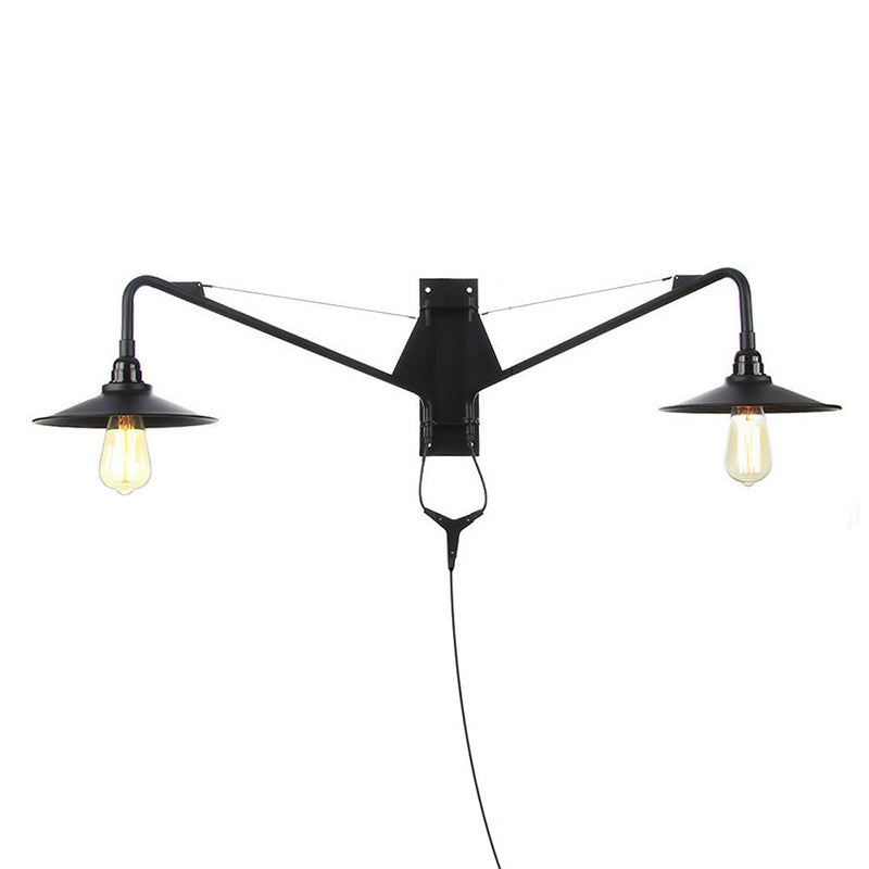 Industrial Scalloped/Exposed Wall Lamp 1/2-Light Iron Plug-in Wall Mounted Lighting with Long Swing Arm in Black
