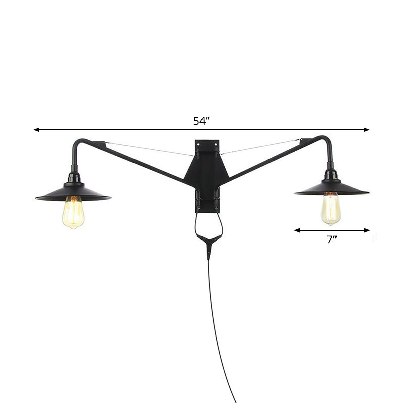 Industrial Scalloped/Exposed Wall Lamp 1/2-Light Iron Plug-in Wall Mounted Lighting with Long Swing Arm in Black