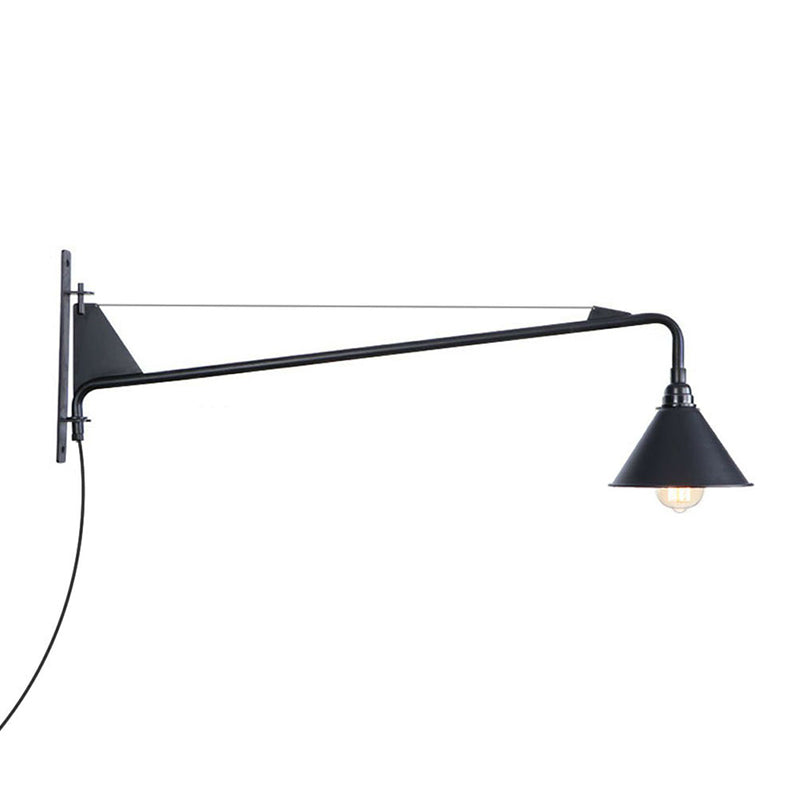 Industrial Scalloped/Exposed Wall Lamp 1/2-Light Iron Plug-in Wall Mounted Lighting with Long Swing Arm in Black