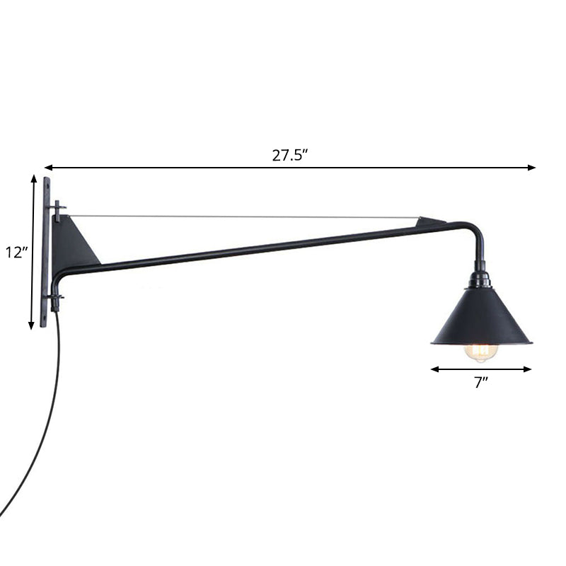 Industrial Scalloped/Exposed Wall Lamp 1/2-Light Iron Plug-in Wall Mounted Lighting with Long Swing Arm in Black
