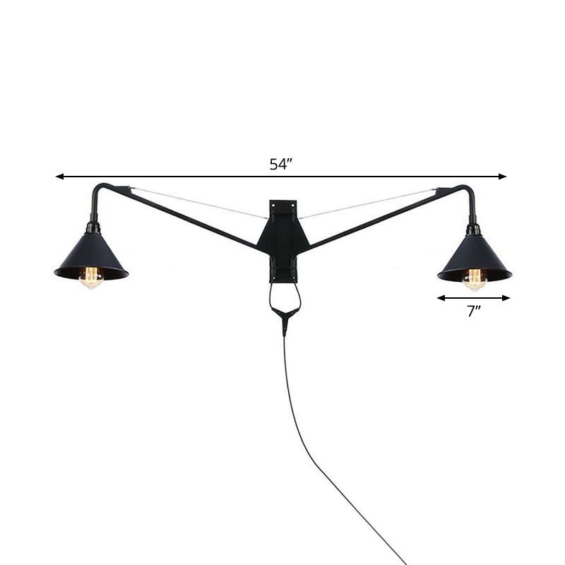 Industrial Scalloped/Exposed Wall Lamp 1/2-Light Iron Plug-in Wall Mounted Lighting with Long Swing Arm in Black