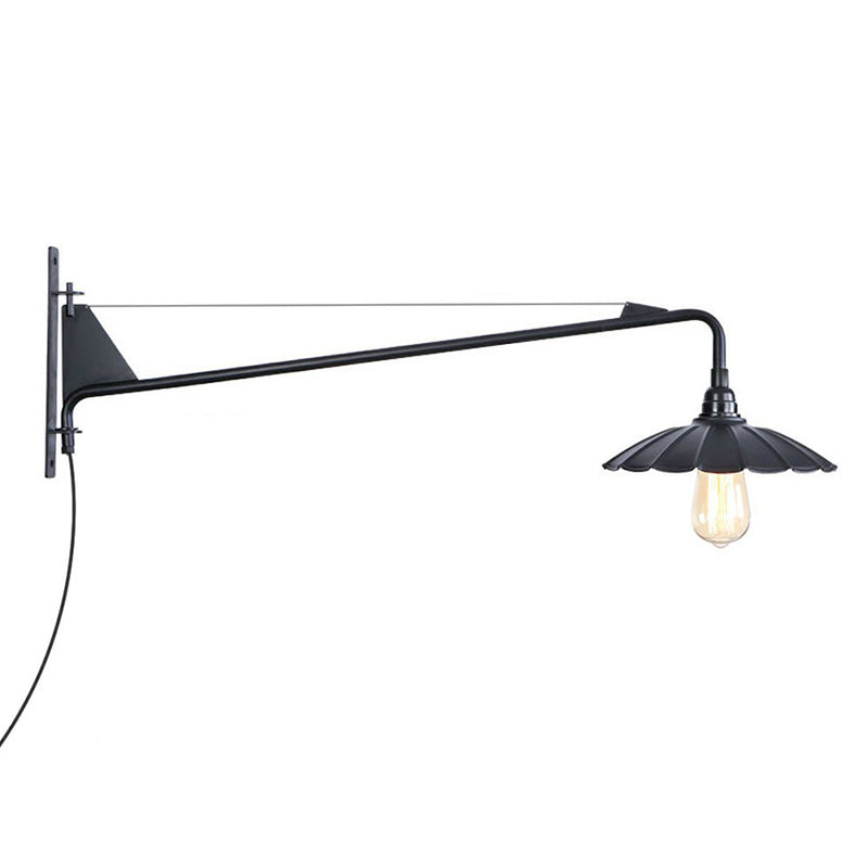 Industrial Scalloped/Exposed Wall Lamp 1/2-Light Iron Plug-in Wall Mounted Lighting with Long Swing Arm in Black