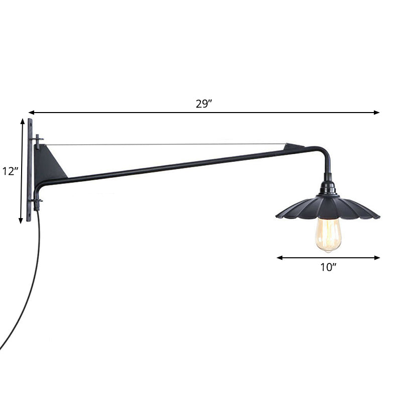 Industrial Scalloped/Exposed Wall Lamp 1/2-Light Iron Plug-in Wall Mounted Lighting with Long Swing Arm in Black