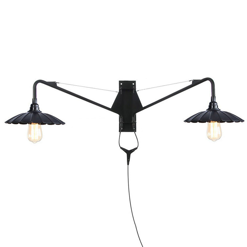Industrial Scalloped/Exposed Wall Lamp 1/2-Light Iron Plug-in Wall Mounted Lighting with Long Swing Arm in Black
