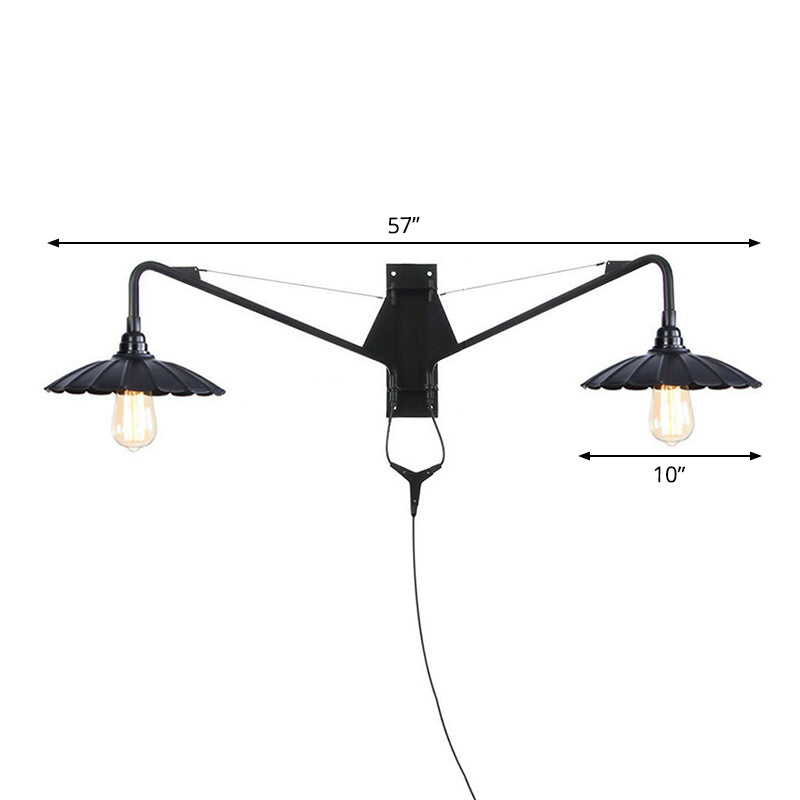 Industrial Scalloped/Exposed Wall Lamp 1/2-Light Iron Plug-in Wall Mounted Lighting with Long Swing Arm in Black
