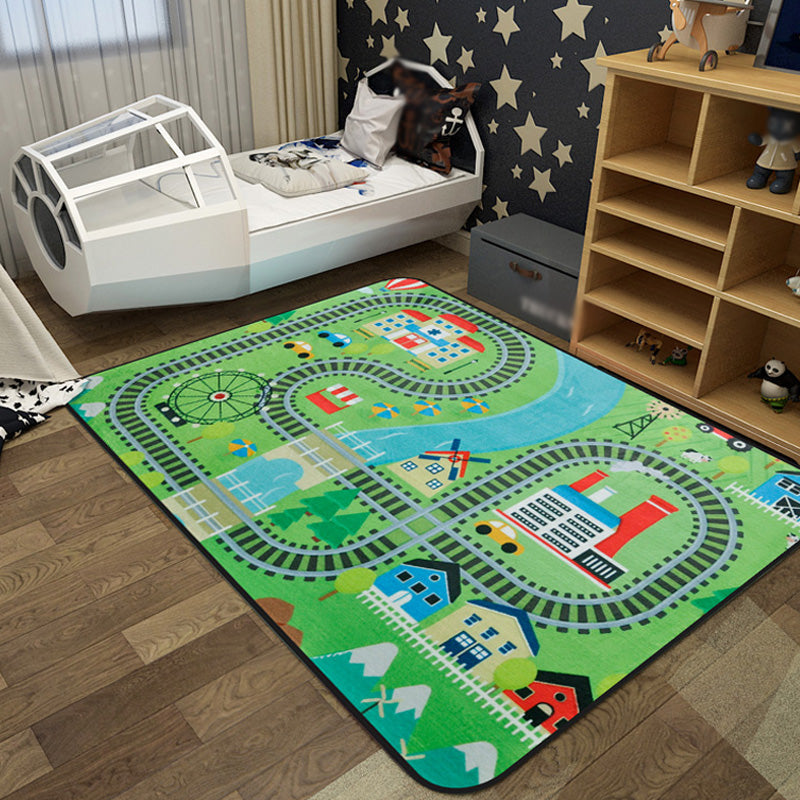 Cartoon Railway Area Rug Multicolored polypropylene rug pet-friendly non-slip rug for children