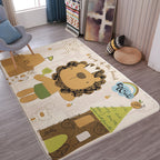 Multicolor Wild Animal Rug with Writings Polyester Cartoon Rug Pet Friendly Non-Slip Mat Rug for Kids Room