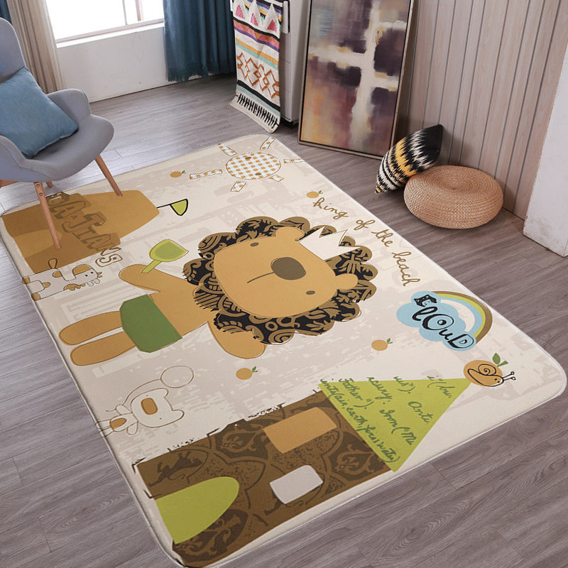 Multicolor Wild Animal Rug with Writings Polyester Cartoon Rug Pet Friendly Non-Slip Mat Rug for Kids Room
