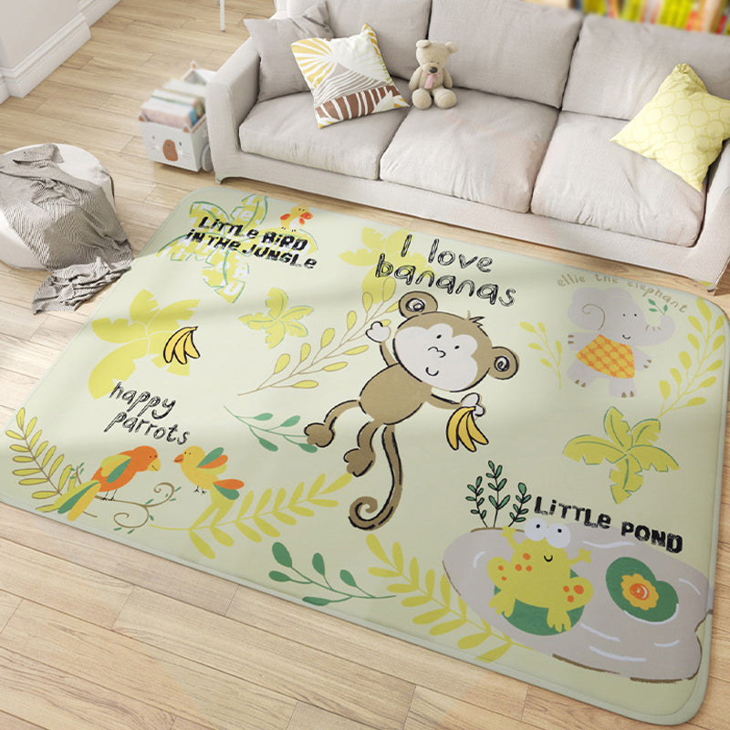 Multicolor Wild Animal Rug with Writings Polyester Cartoon Rug Pet Friendly Non-Slip Mat Rug for Kids Room