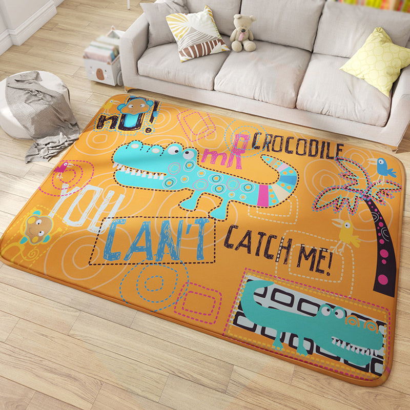 Multicolor Wild Animal Rug with Writings Polyester Cartoon Rug Pet Friendly Non-Slip Mat Rug for Kids Room