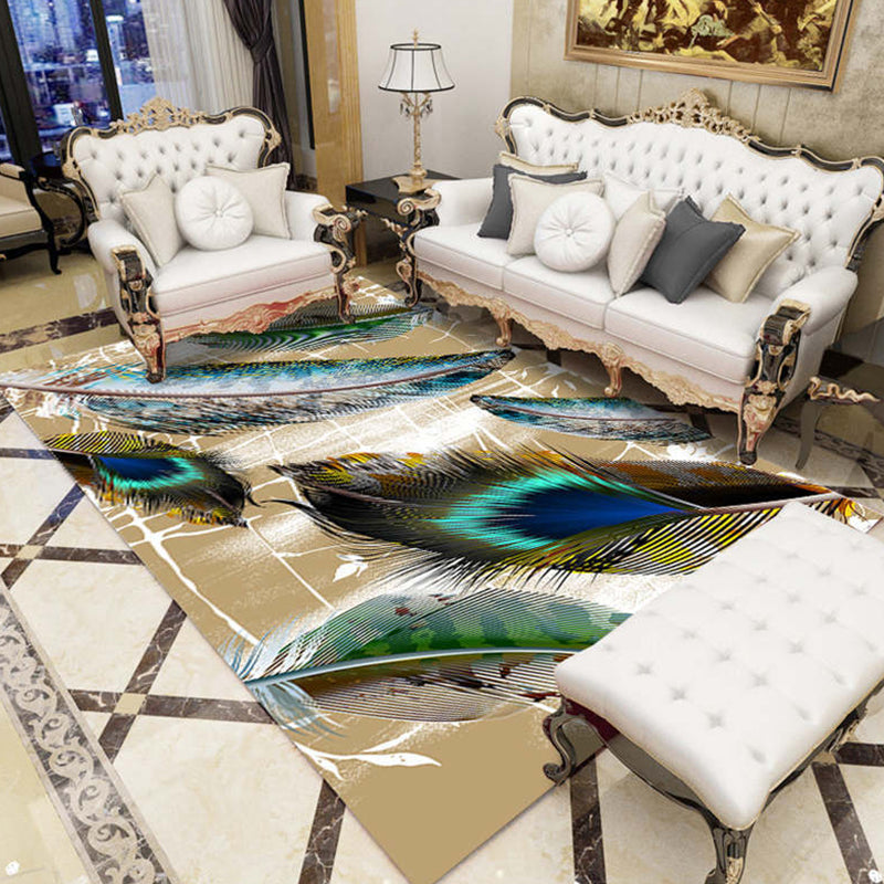 Multi-Color Living Room Rug Tropical Leaf and Feather Design Rug Polyester Pet-Friendly Washable Non-Slip Rug