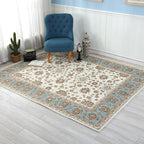 Beige Vintage Carpet Polyester Flower Pattern Carpet Washable Pet-Friendly Non-Slip Back Carpet for Living Room