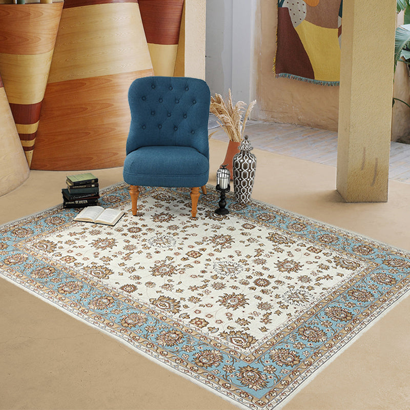 Beige Vintage Carpet Polyester Flower Pattern Carpet Washable Pet-Friendly Non-Slip Back Carpet for Living Room