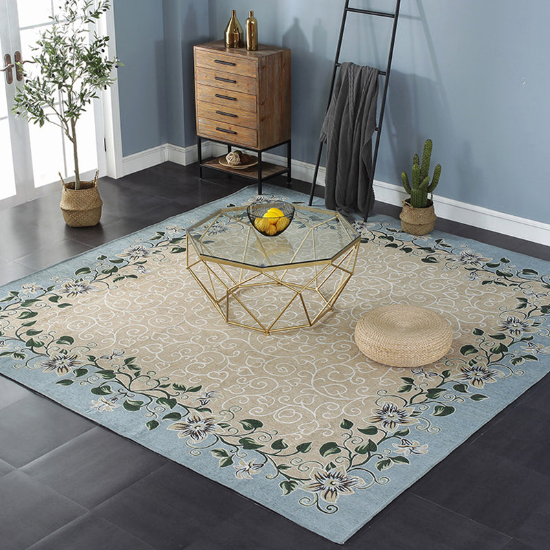 Blue Living Room Carpet Vintage Leaf Pattern Indoor Carpet Polyester Pet Friendly Washable Non-Slip Back Carpet