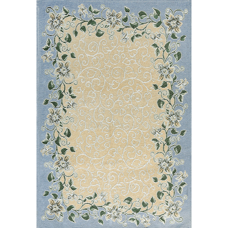Blue Living Room Carpet Vintage Leaf Pattern Indoor Carpet Polyester Pet Friendly Washable Non-Slip Back Carpet