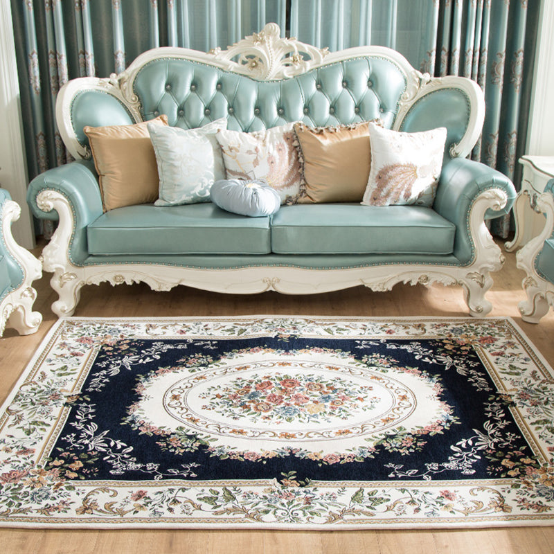 Retro Bud Pattern Carpet Red and Blue Polyester Carpet Washable Non-Slip Back Indoor Carpet for Living Room