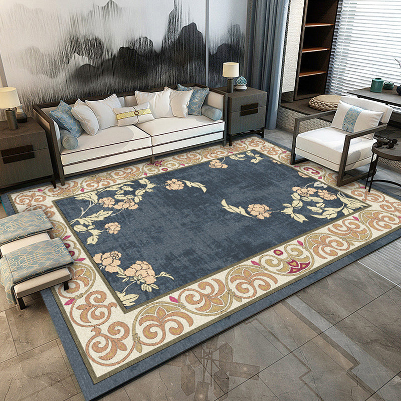 Traditional floral pattern carpet blue and red retro carpet washable pet friendly non-slip rug for living room