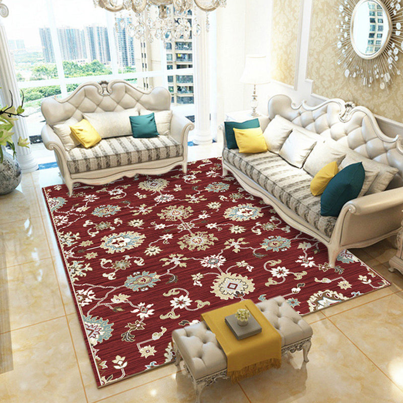 Multicolored living room rug retro floral pattern rug polyester pet-friendly washable non-slip backing rug