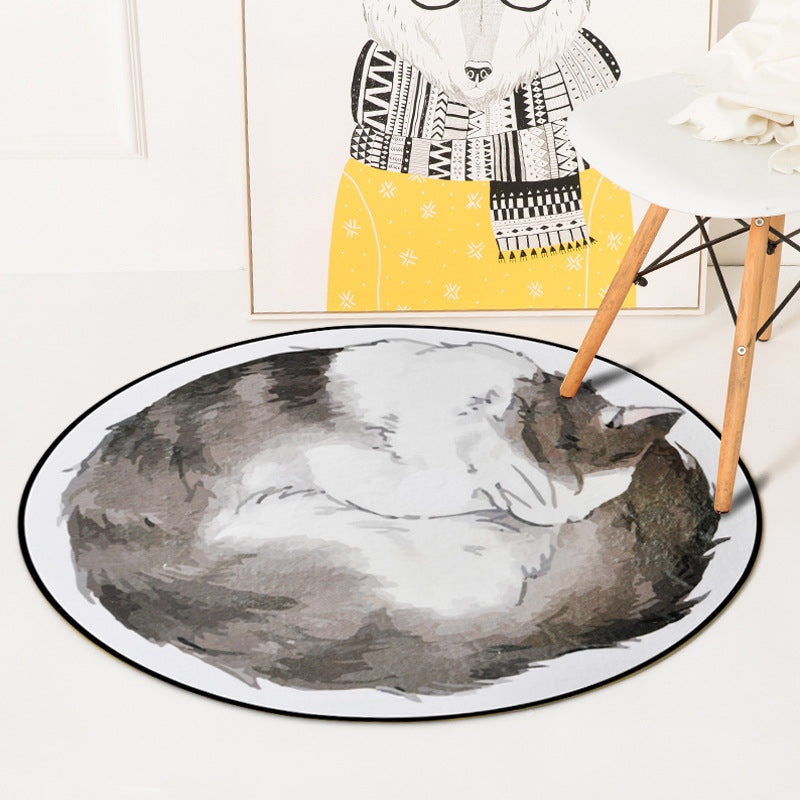 Kids Bedroom Carpet in Yellow and Gray Animal Sleeping Cat Print Carpet Polyester Non-Slip Area Rug