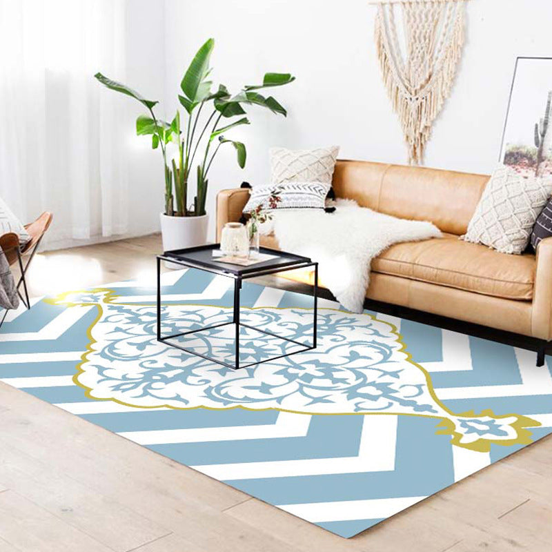 Blue and white Moroccan carpet polyester medallion pattern carpet pet-friendly washable anti-slip backing carpet for decoration