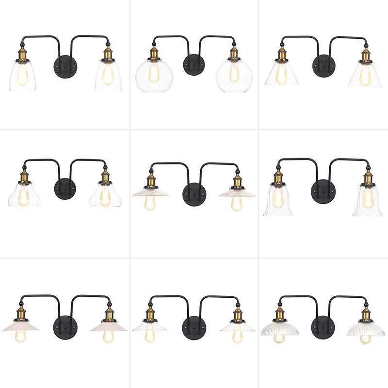 Industrial conical/wavy/fanned wall lamp glass and metal black 2-bulb wall mounted lamp for indoor use