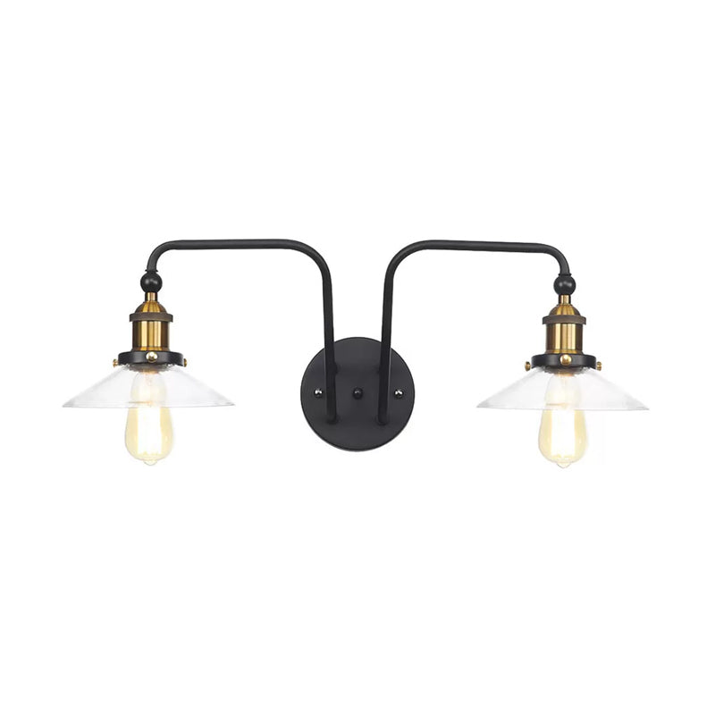 Industrial conical/wavy/fanned wall lamp glass and metal black 2-bulb wall mounted lamp for indoor use