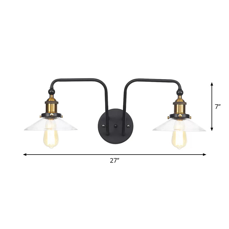 Industrial conical/wavy/fanned wall lamp glass and metal black 2-bulb wall mounted lamp for indoor use